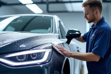 Un addetto che lava con cura la carrozzeria di un'auto